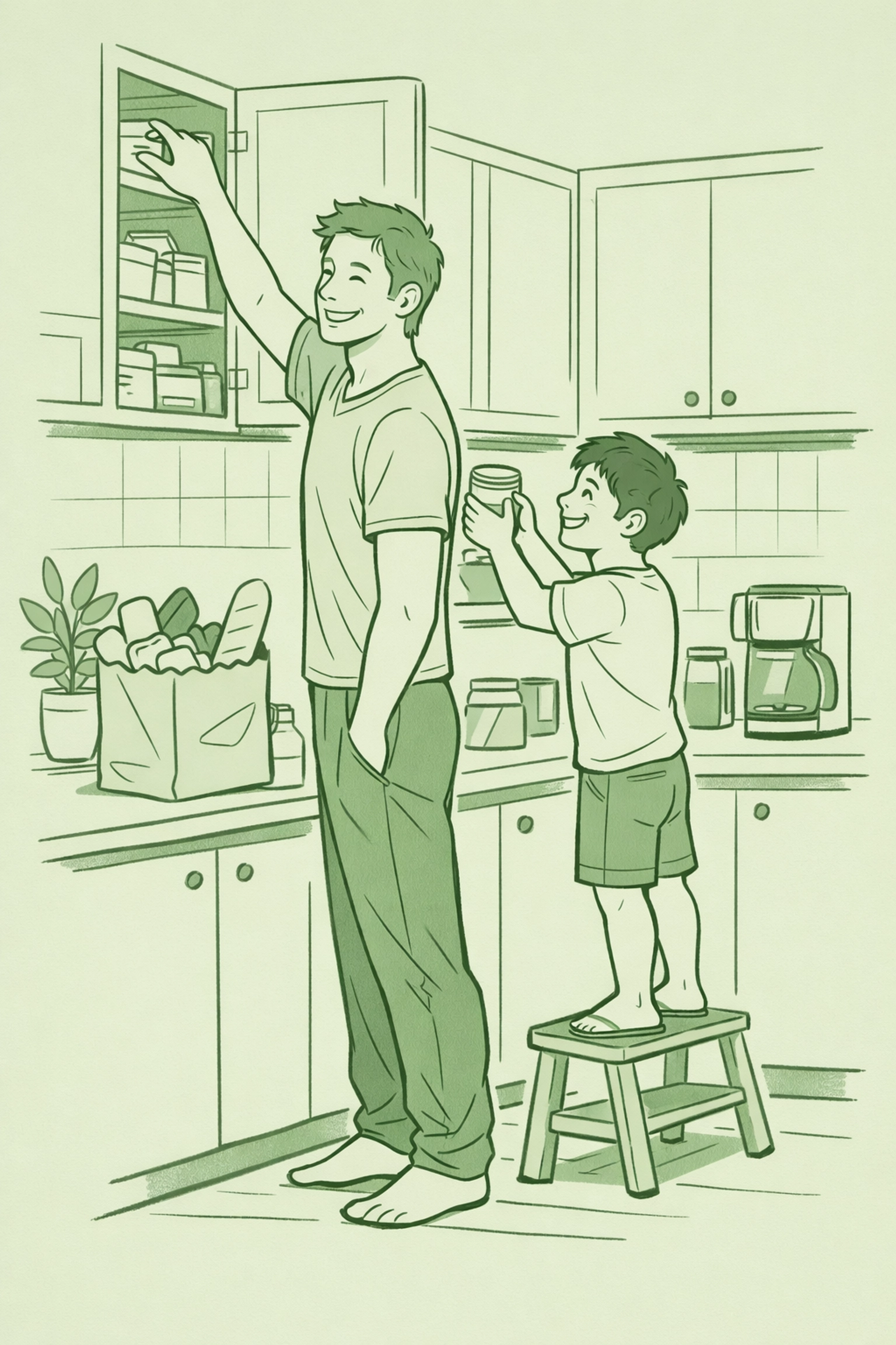 Gay couple with height difference organizing kitchen together - MM romance illustration