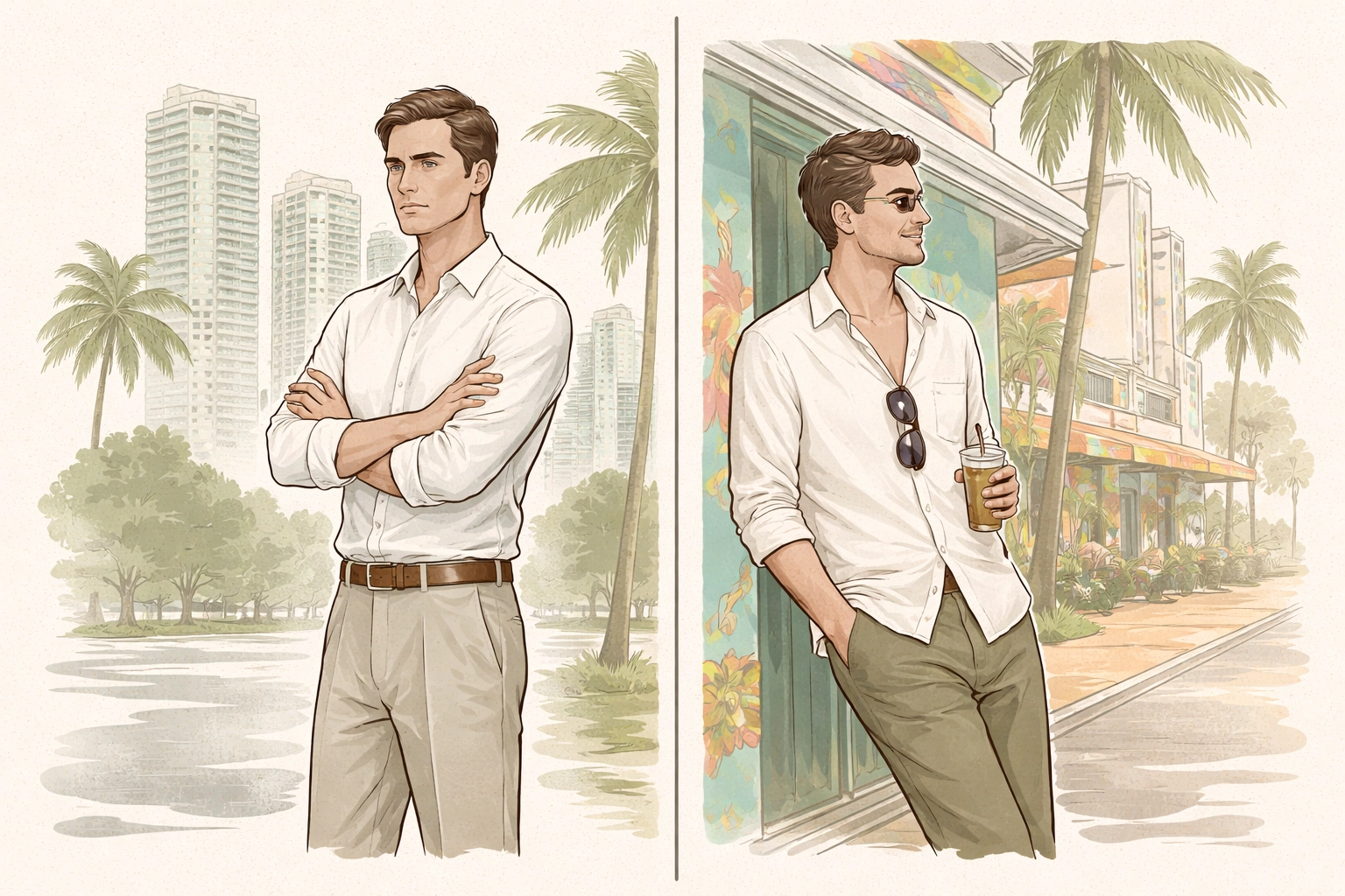 Contrasting two men in Miami: one polished in front of high-rises, the other relaxed by colorful Ocean Drive, representing authenticity vs. conformity.