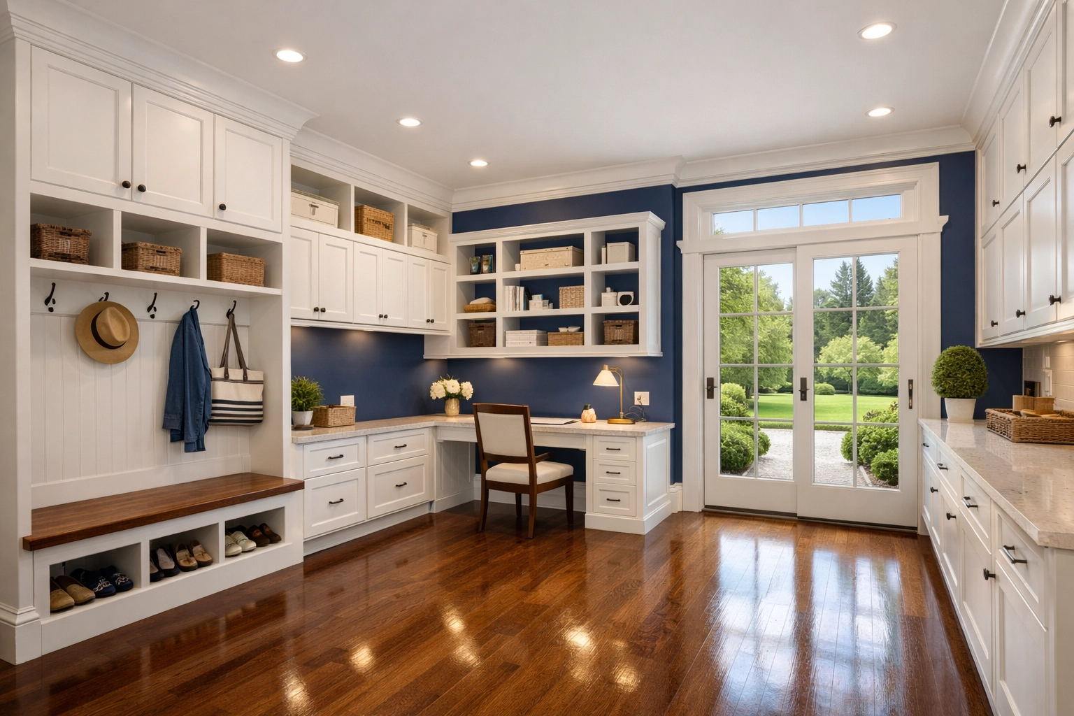 Perfectly dusted home office with gleaming hardwood floors, highlighting expert residential cleaning services.