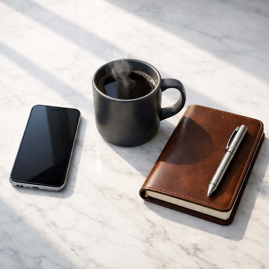A minimalist morning workspace with a smartphone and coffee, representing an organized daily financial routine.