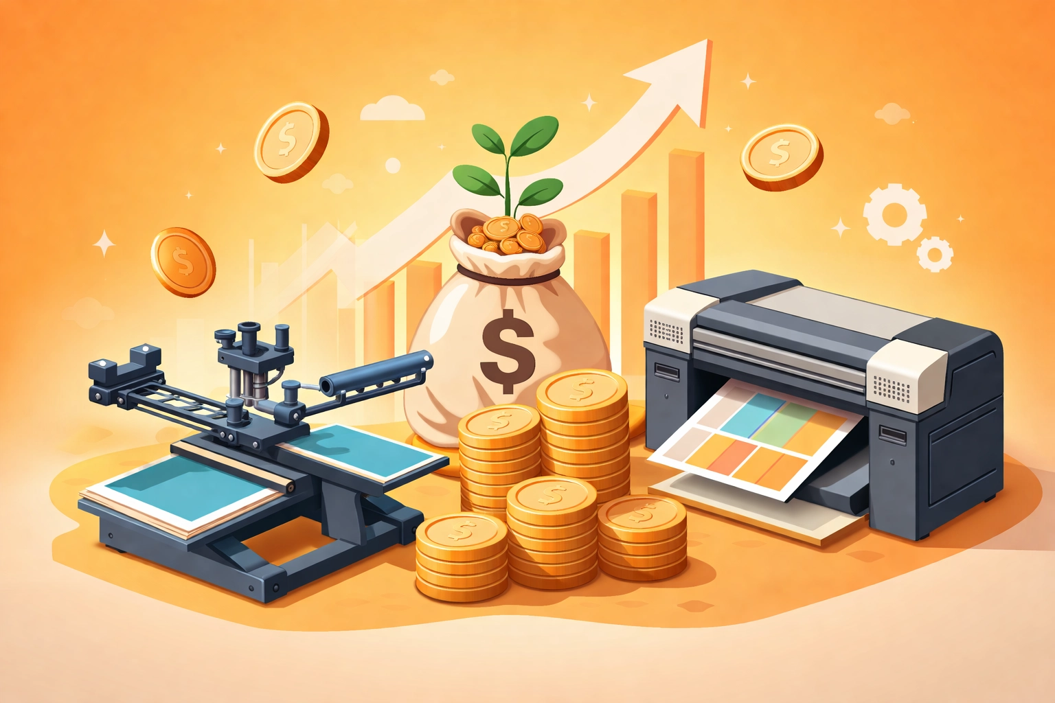 Illustration of startup investment costs for screen printing and DTG printing equipment and business growth