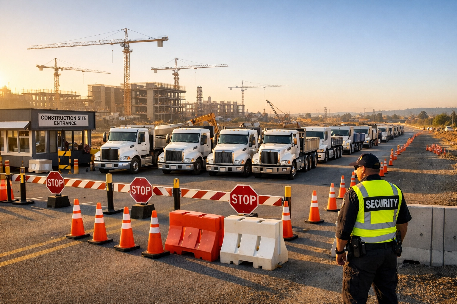 A security professional manages an orderly queue of delivery trucks at a well-planned construction site entrance.