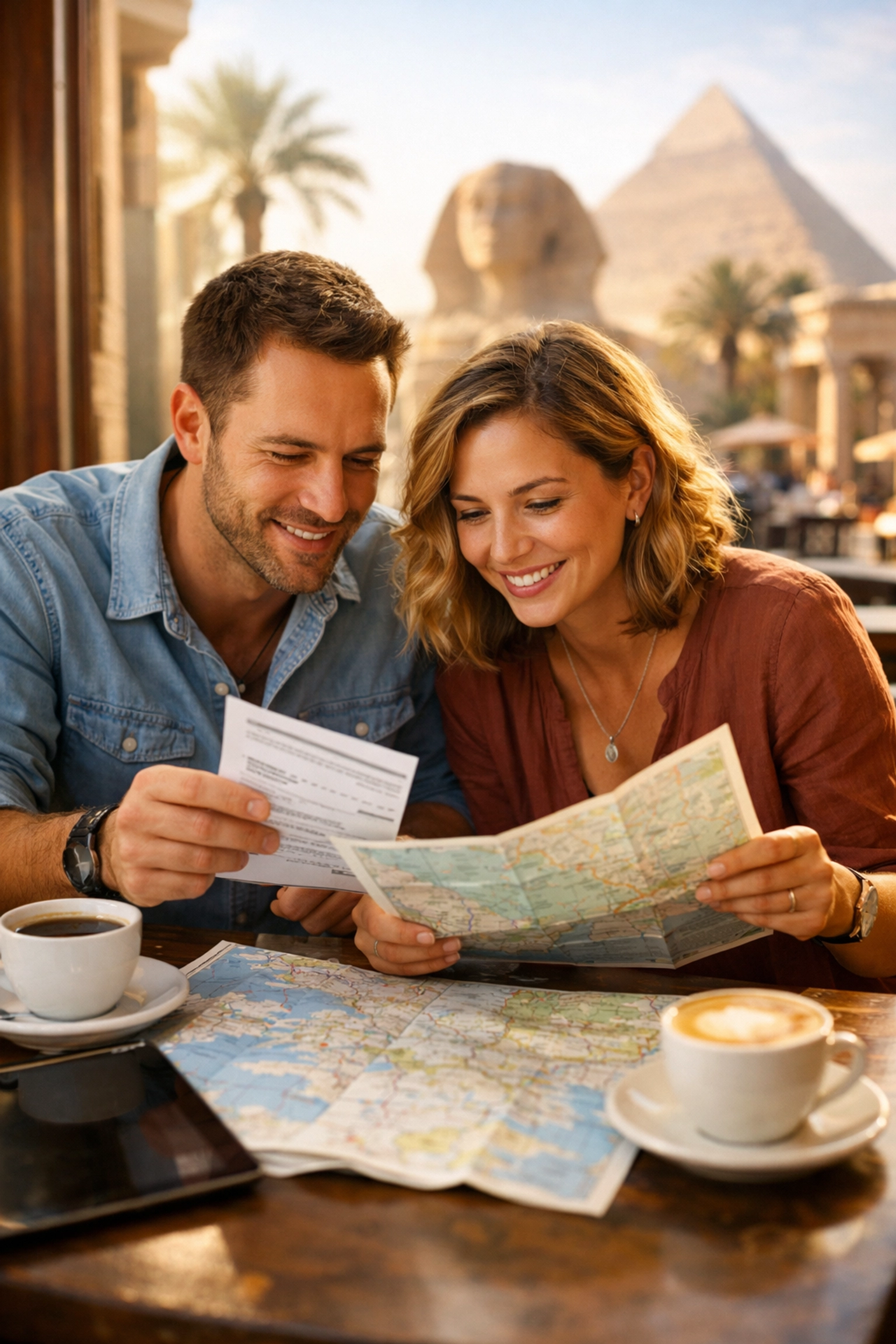 Couple planning their Egypt travel itinerary with maps and coffee