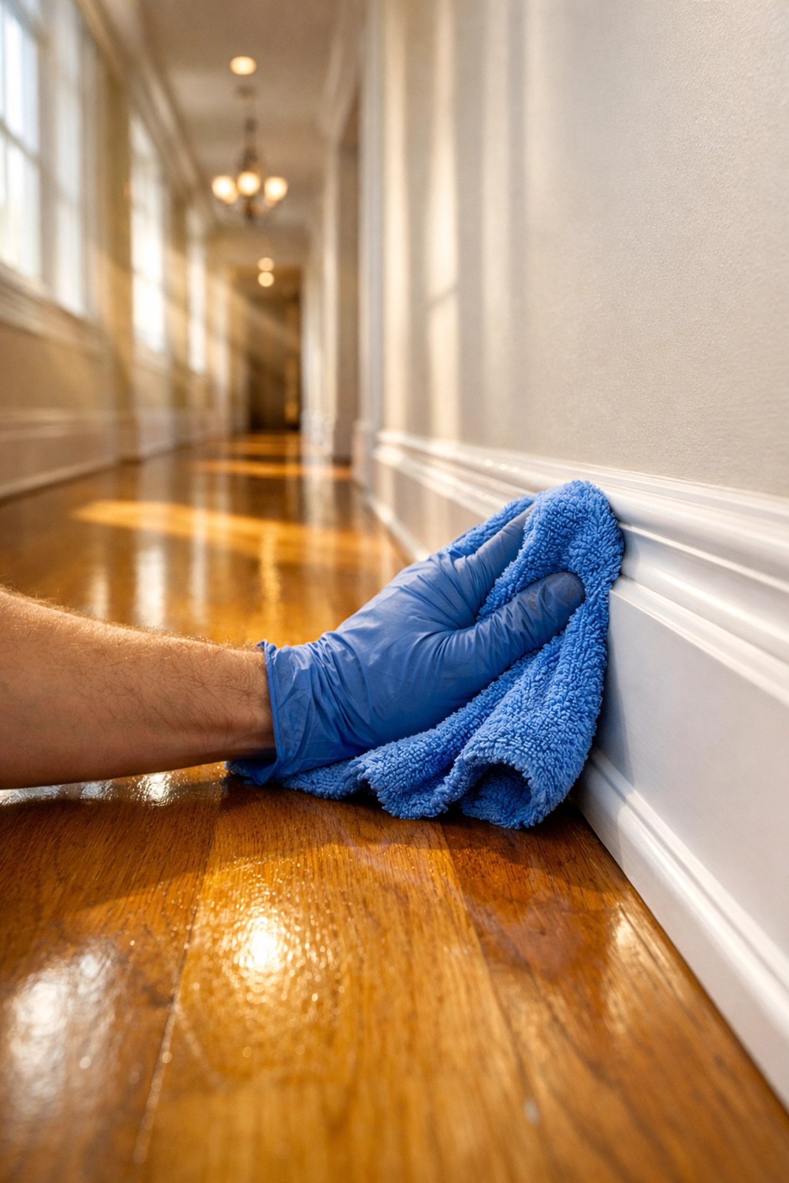 Microfiber cloth wiping dust from white baseboards during post-construction cleaning in Massachusetts.