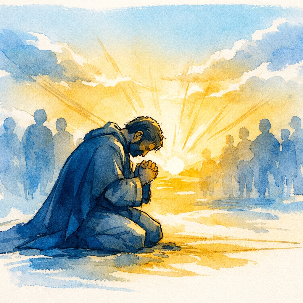 Humble Christian leader kneeling in prayer at sunrise with community in background