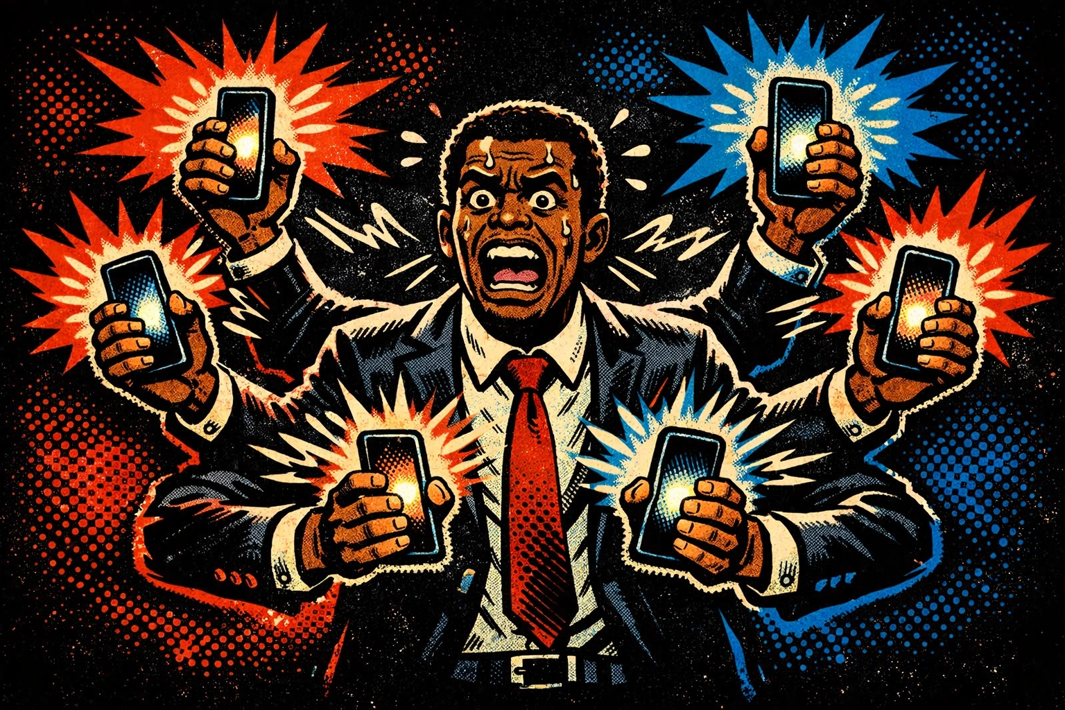 Overwhelmed business owner multitasking across multiple apps, representing digital app fatigue.