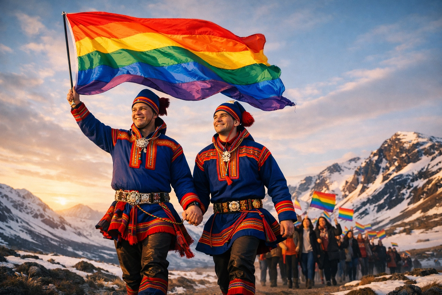 Gay Sámi men in traditional dress lead a pride parade in the snowy Arctic mountains for Sápmi Pride.