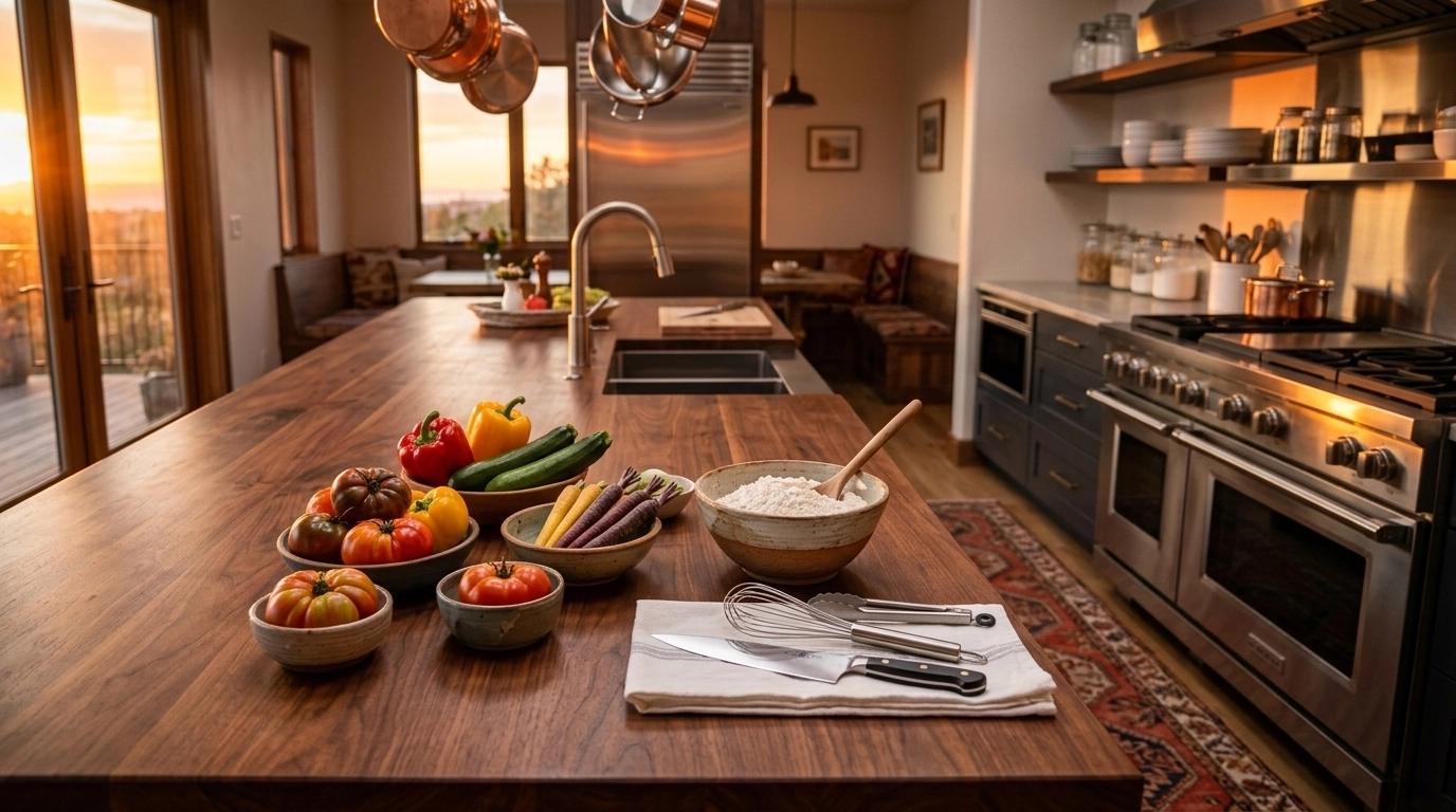 A bright, inviting home kitchen ready for a class