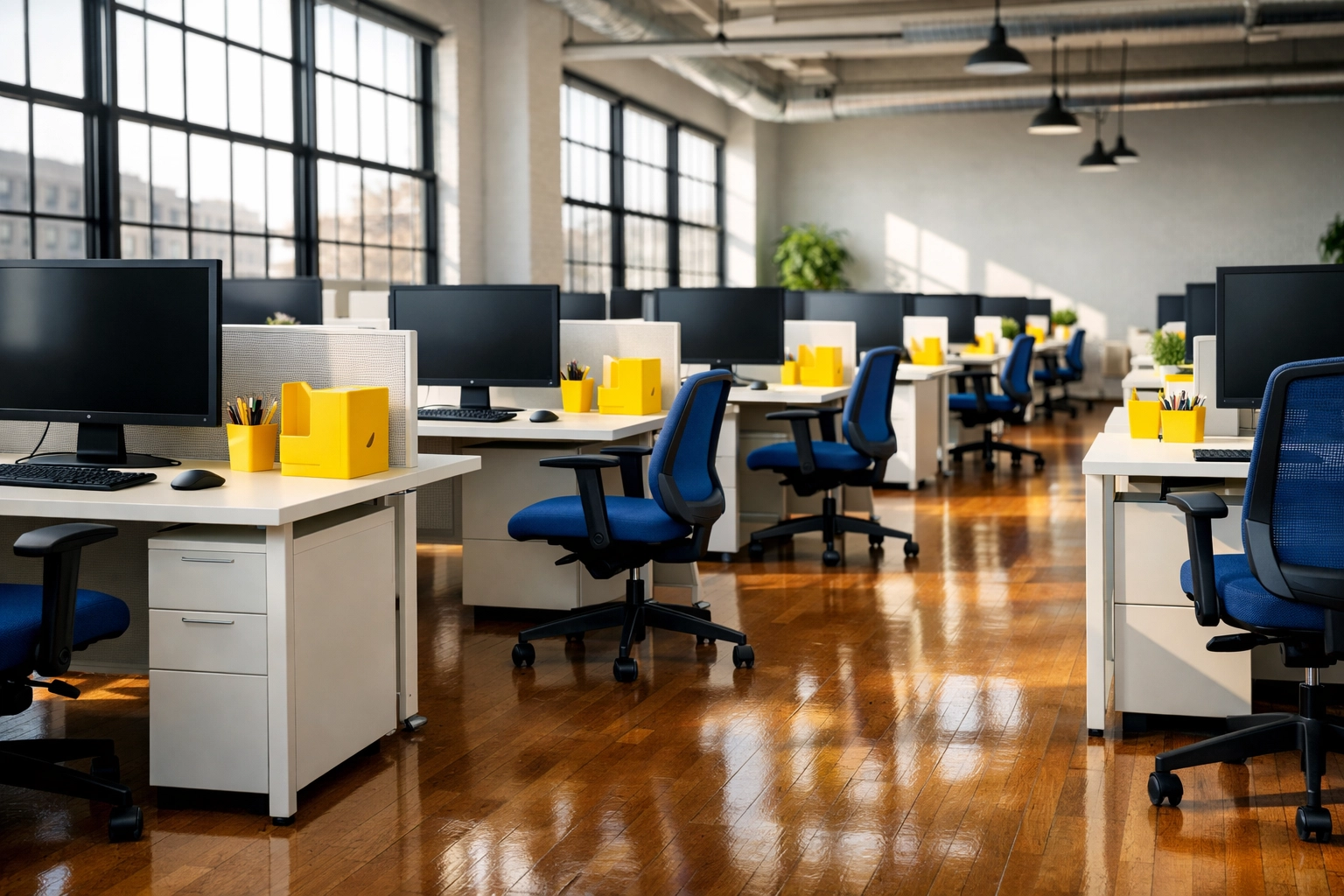 Sparkling clean open-plan office in Chelsea with polished hardwood floors and organized workstations.