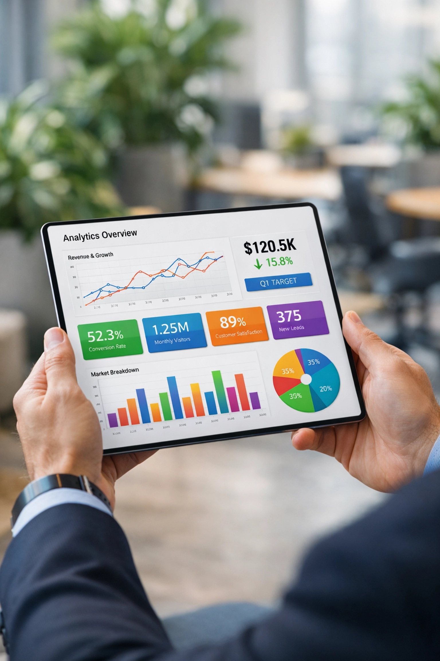 Monitoring ServiceNow ITOM performance and FCR metrics on a digital tablet in a professional workspace.