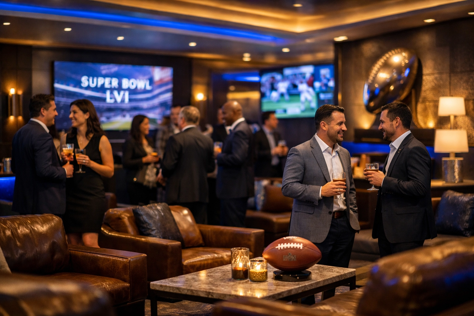 Exclusive VIP hospitality lounge for corporate Super Bowl branding and networking events