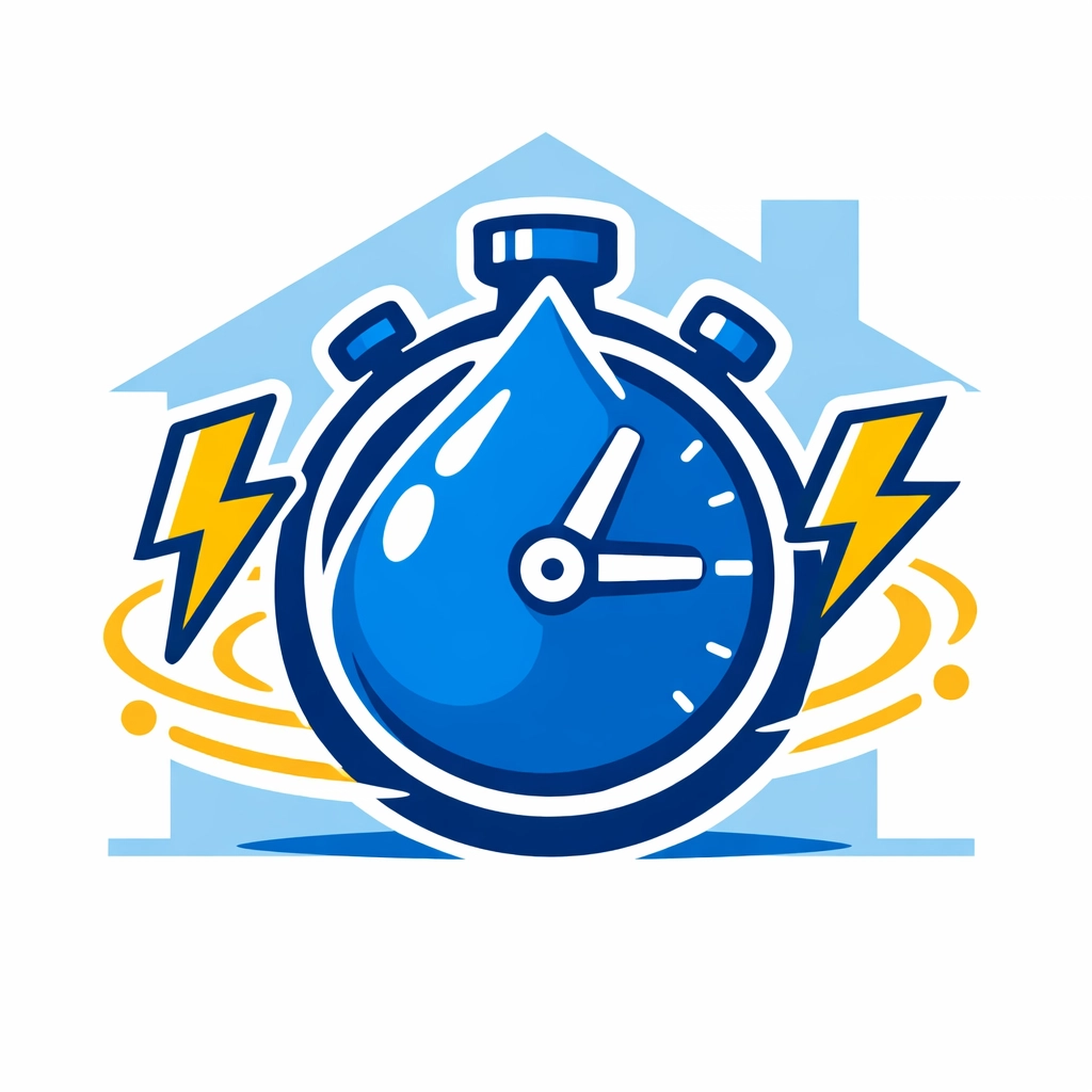 Illustration of a stopwatch and water drop symbolizing fast emergency water extraction service response.