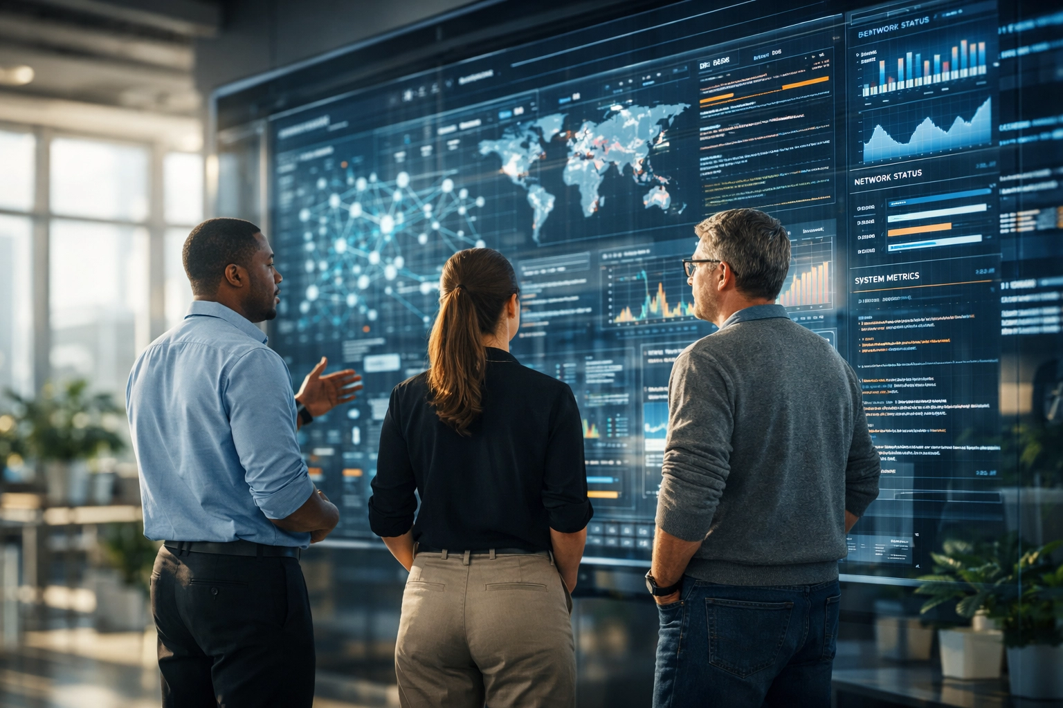 IT experts in a modern command center using ServiceNow ITOM and ITAM data to resolve infrastructure issues.