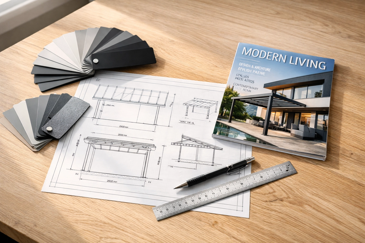 Technische Planung und Farbmuster für eine individuelle Terrassenüberdachung nach Maß.