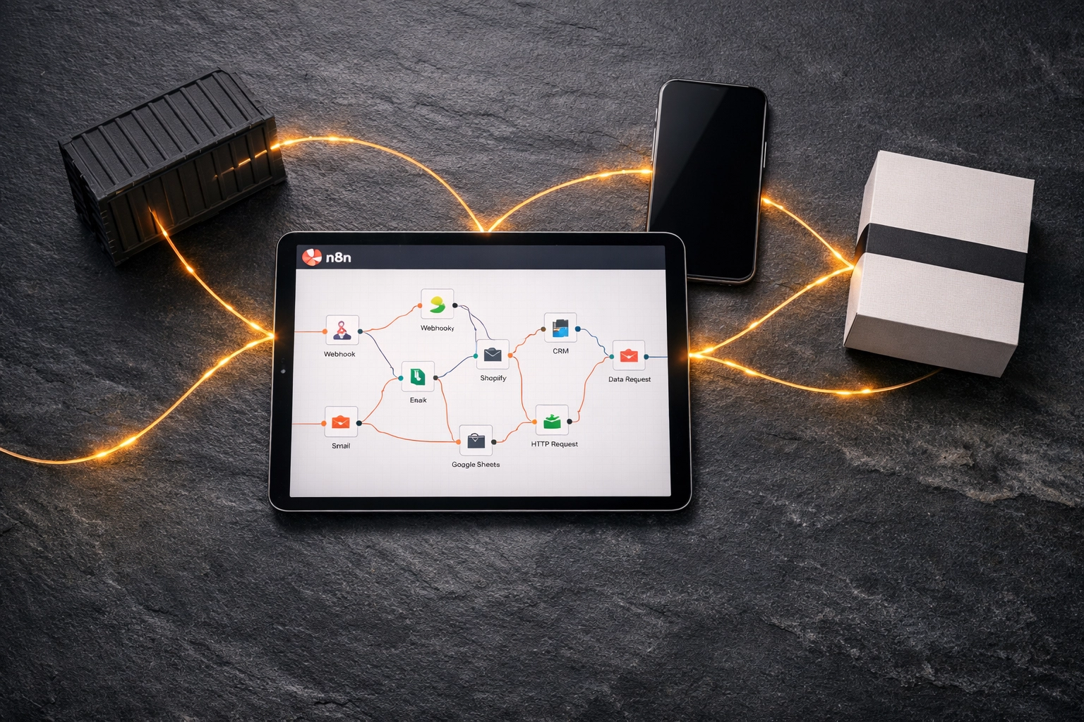 Workflow map on a tablet connecting multi-channel sales and inventory for business process automation.