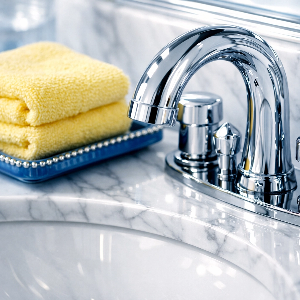 Close-up of a sparkling clean bathroom vanity after a specialized deep house cleaning service.
