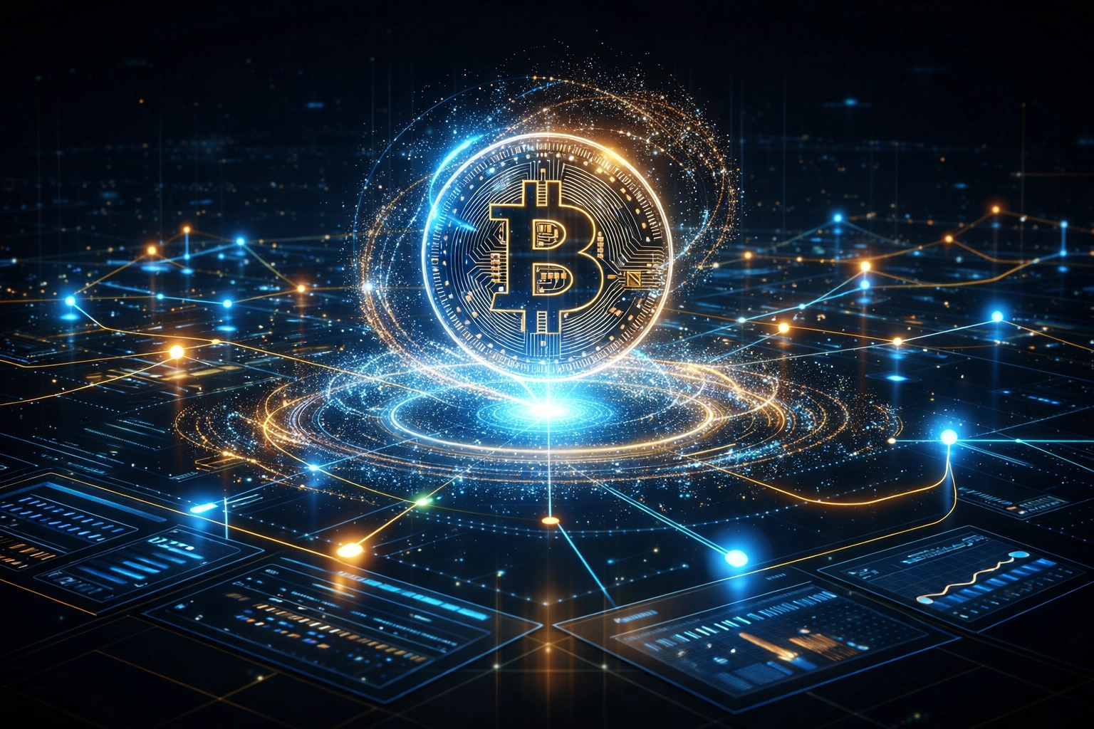 A digital dashboard with a prominent Bitcoin symbol showcasing crypto and blockchain integration in modern portfolios.