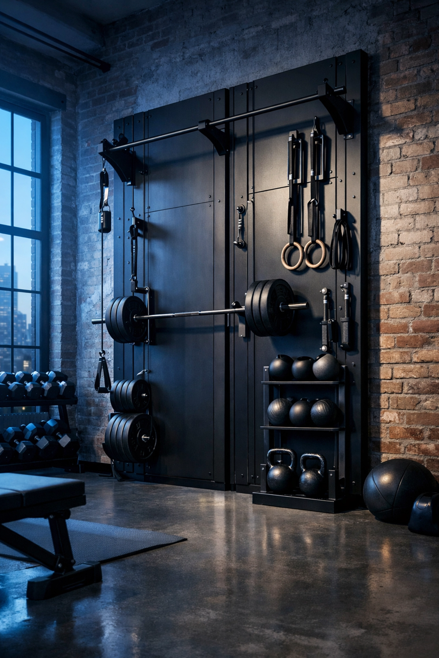 Sleek black floor to ceiling gym rail system in a modern loft for versatile home training.