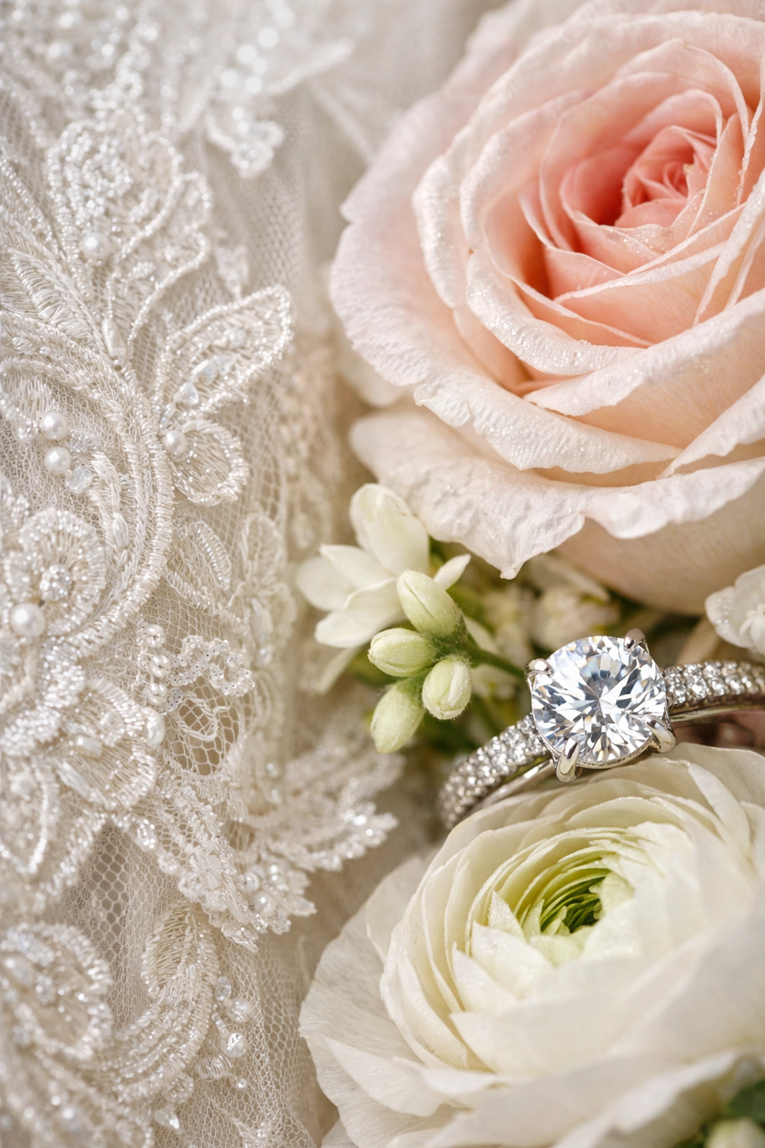 Macro shot showing fine lace textures and wedding ring detail preserved after compression