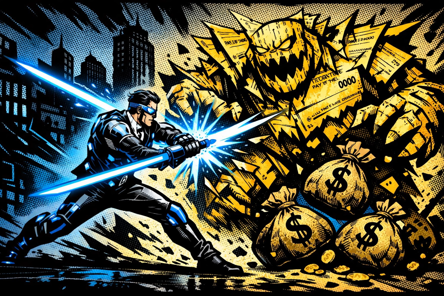 A comic hero fighting a paper check monster to highlight the savings of ACH payment processing.