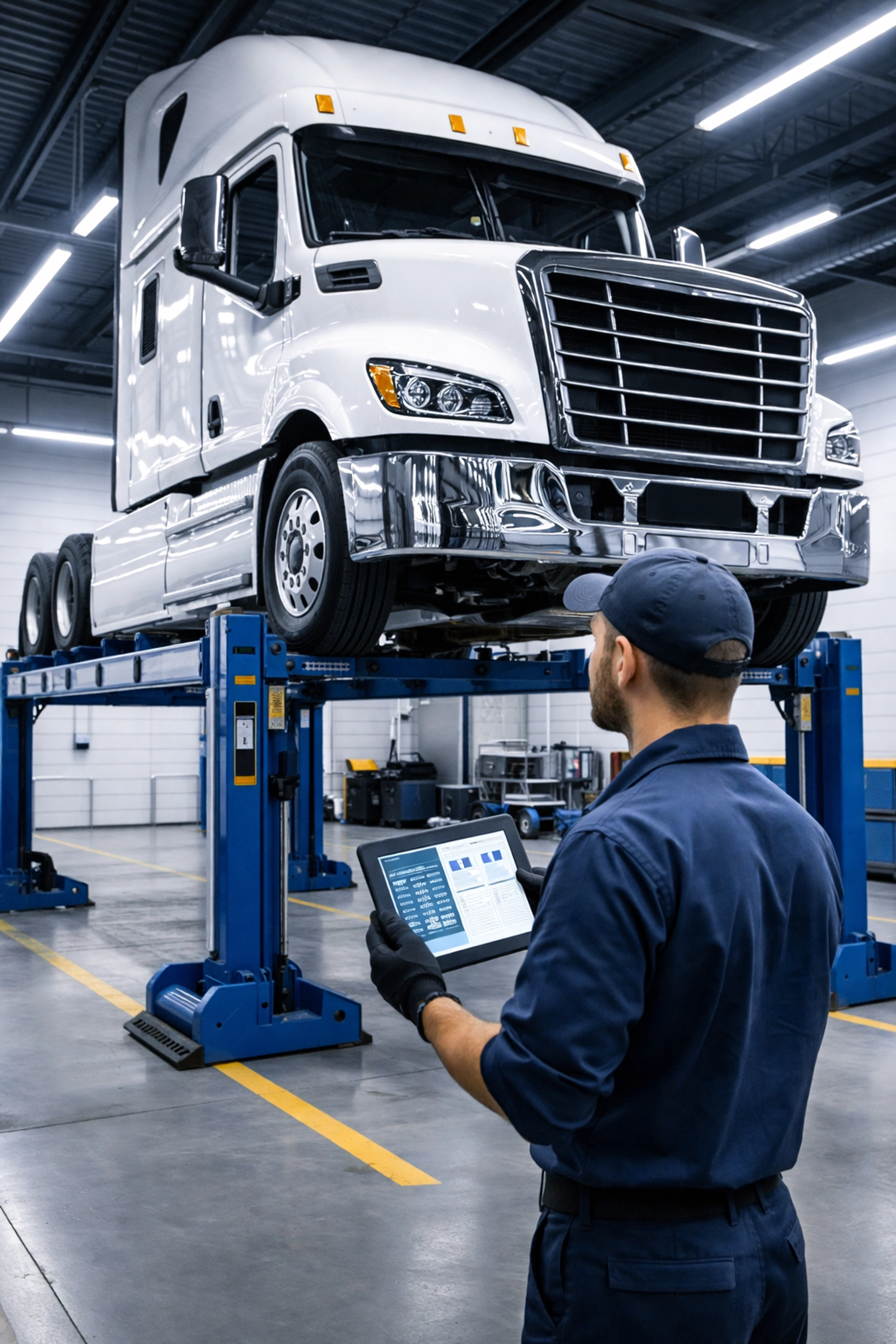 Technician inspecting semi-truck in maintenance bay using tablet for vehicle diagnostics and maintenance tracking