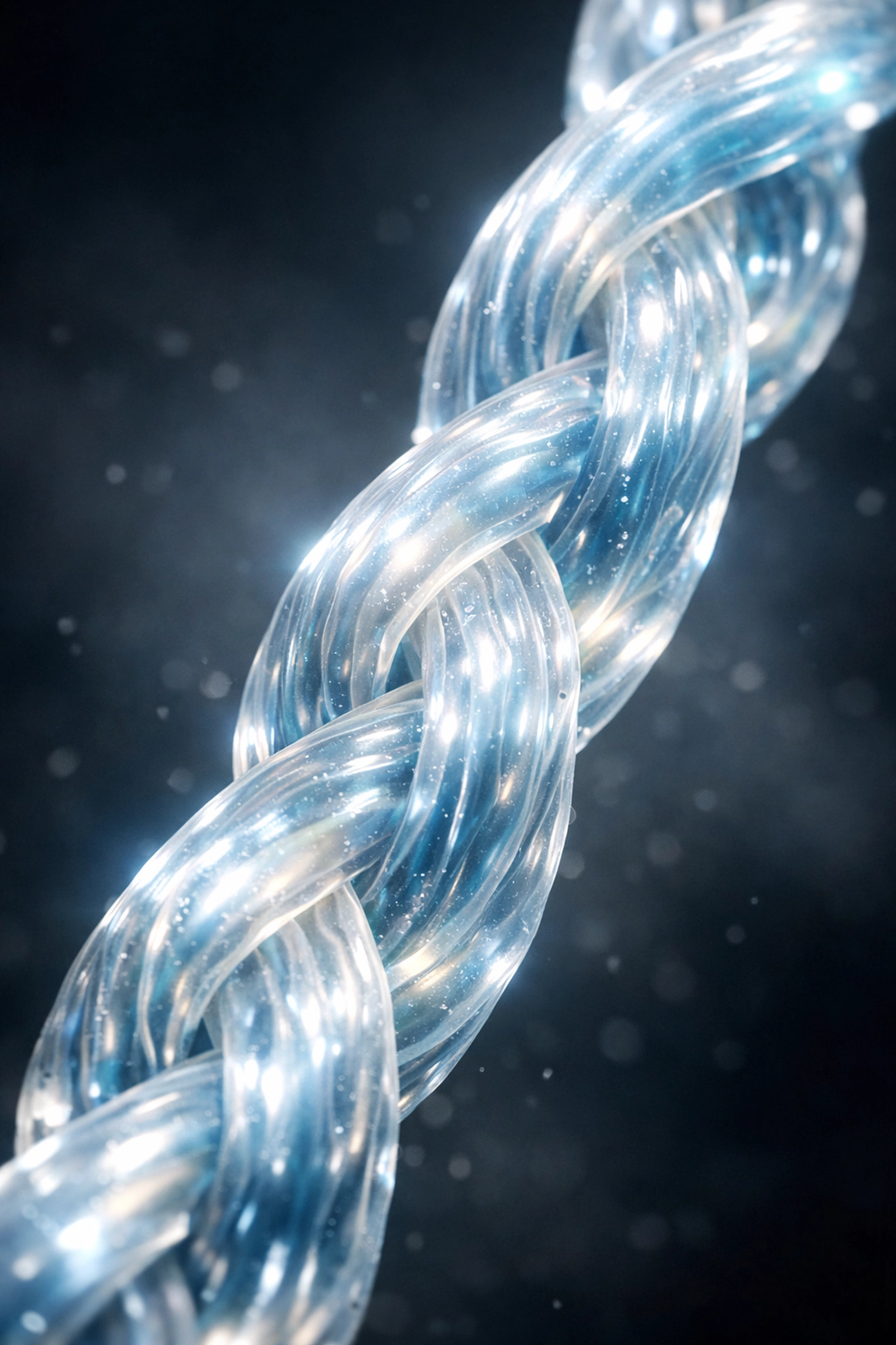 Visualization of the collagen triple-helix structure, representing the vital structural protein fibers in human tissue.