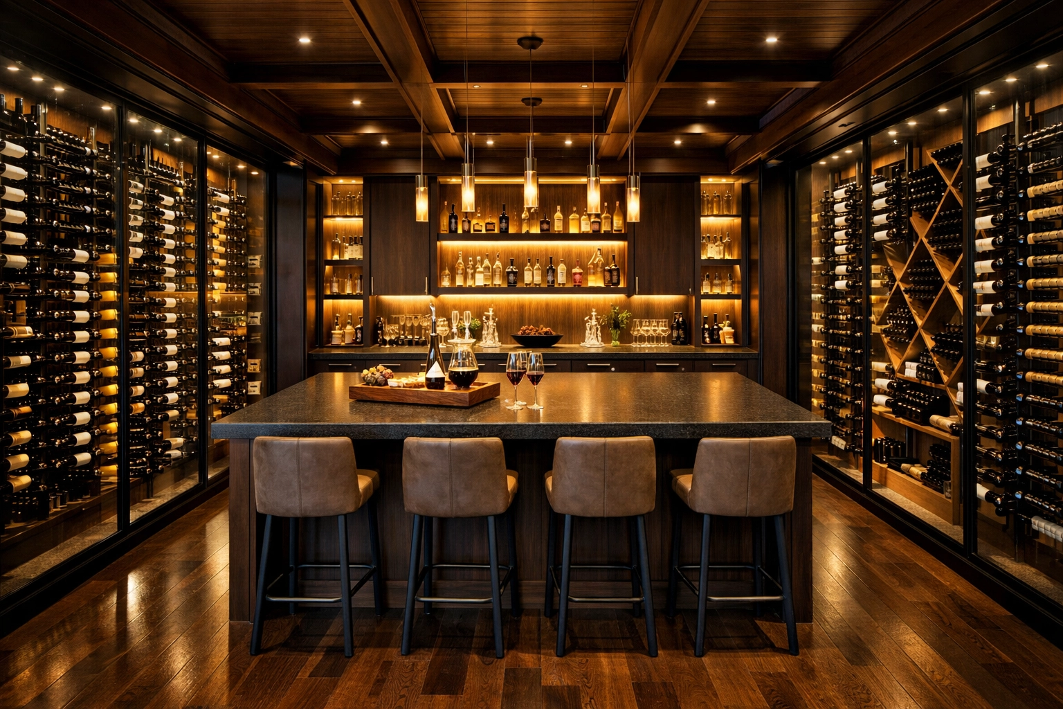 Luxury custom wine cellar in NJ featuring architectural millwork and a modern glass wall design.