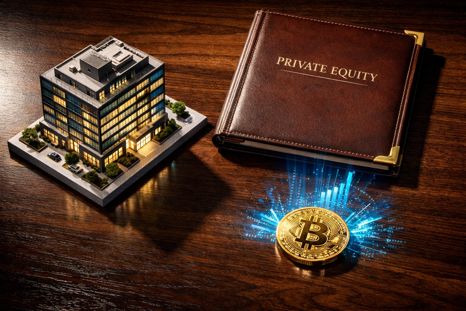 Alternative investment portfolio blending real estate, private equity, and Bitcoin assets