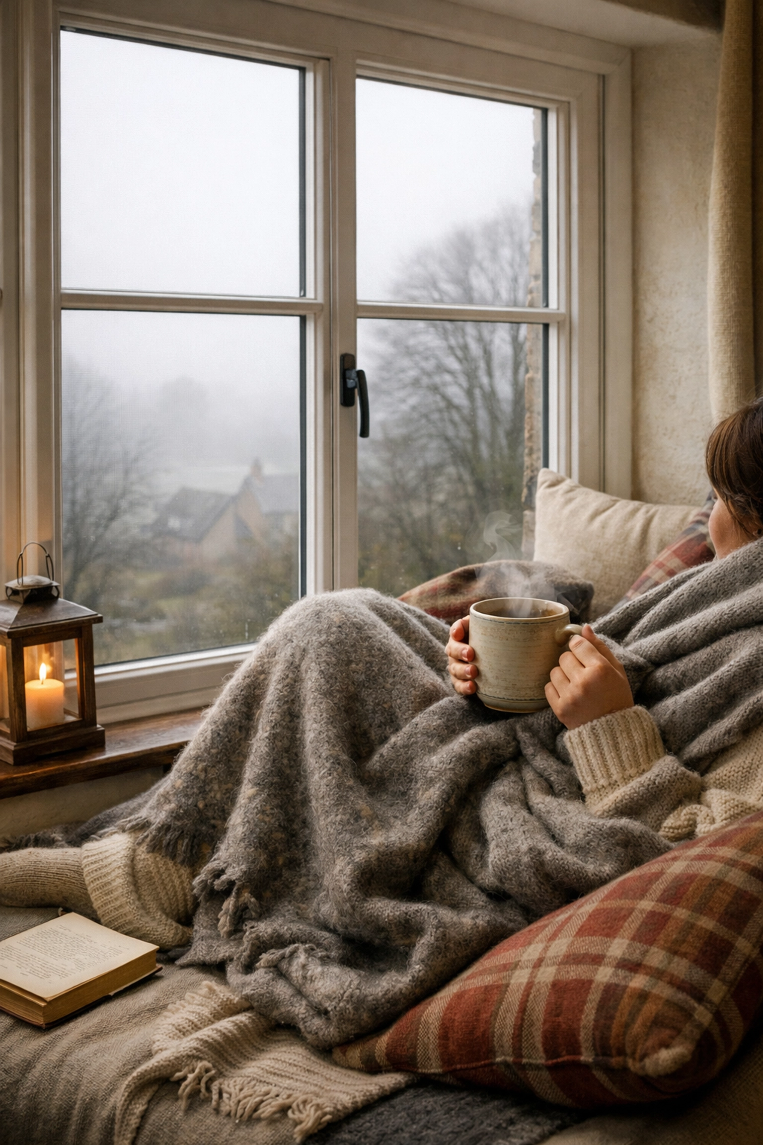 A cozy interior featuring horizontal slider secondary glazing for thermal insulation and draught elimination.