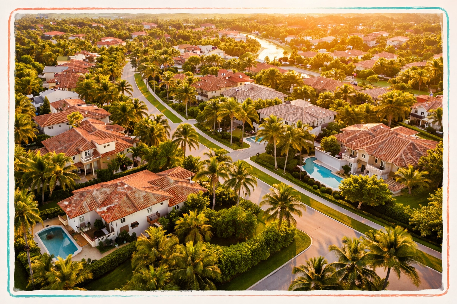 Aerial view of luxury single-family homes and palm-lined streets in South Florida at sunset, illustrating a stable real estate market.