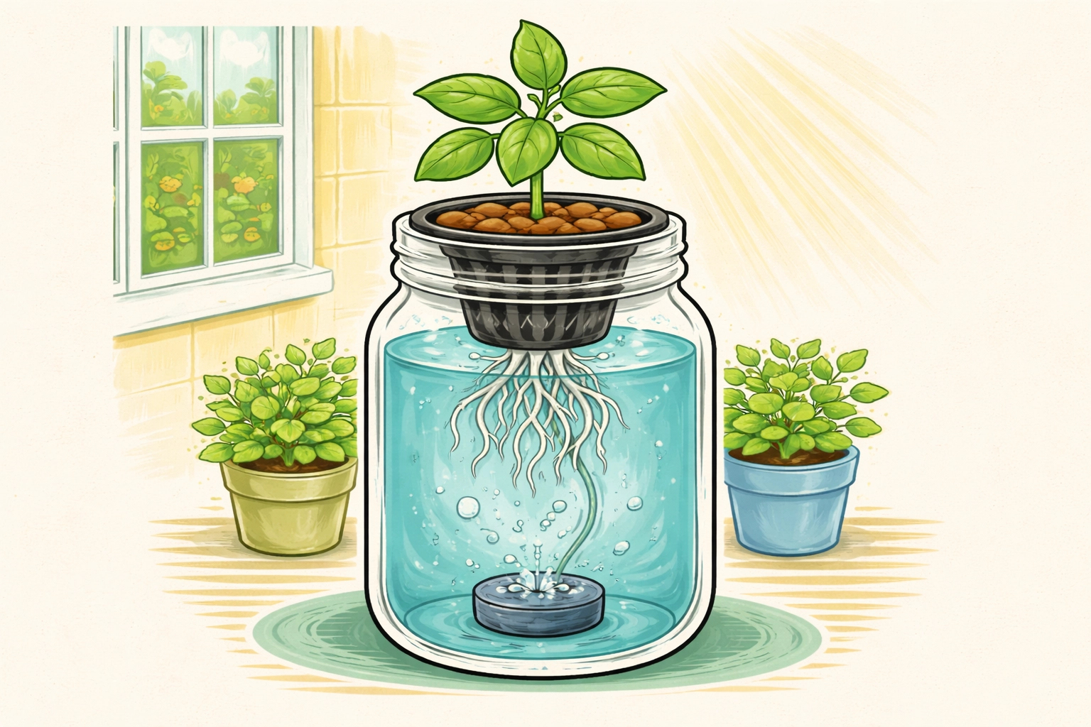 Cartoon illustration showing a mason jar hydroponic system with basil roots in water and clay pebbles above