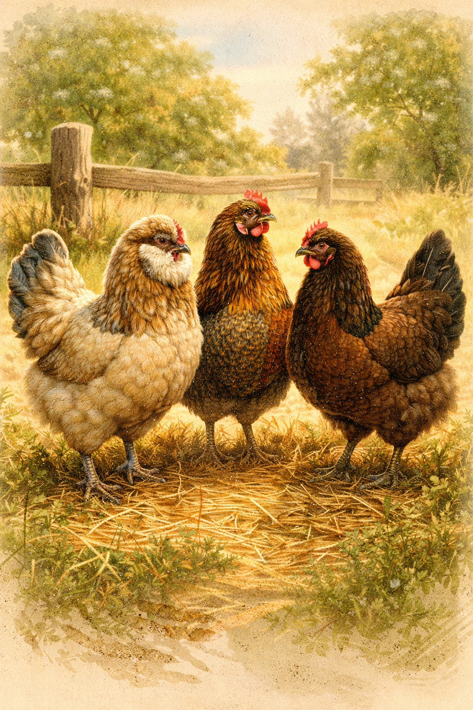 Ameraucana, Easter Egger, and Olive Egger chickens in a sunlit pasture, known for laying green eggs.