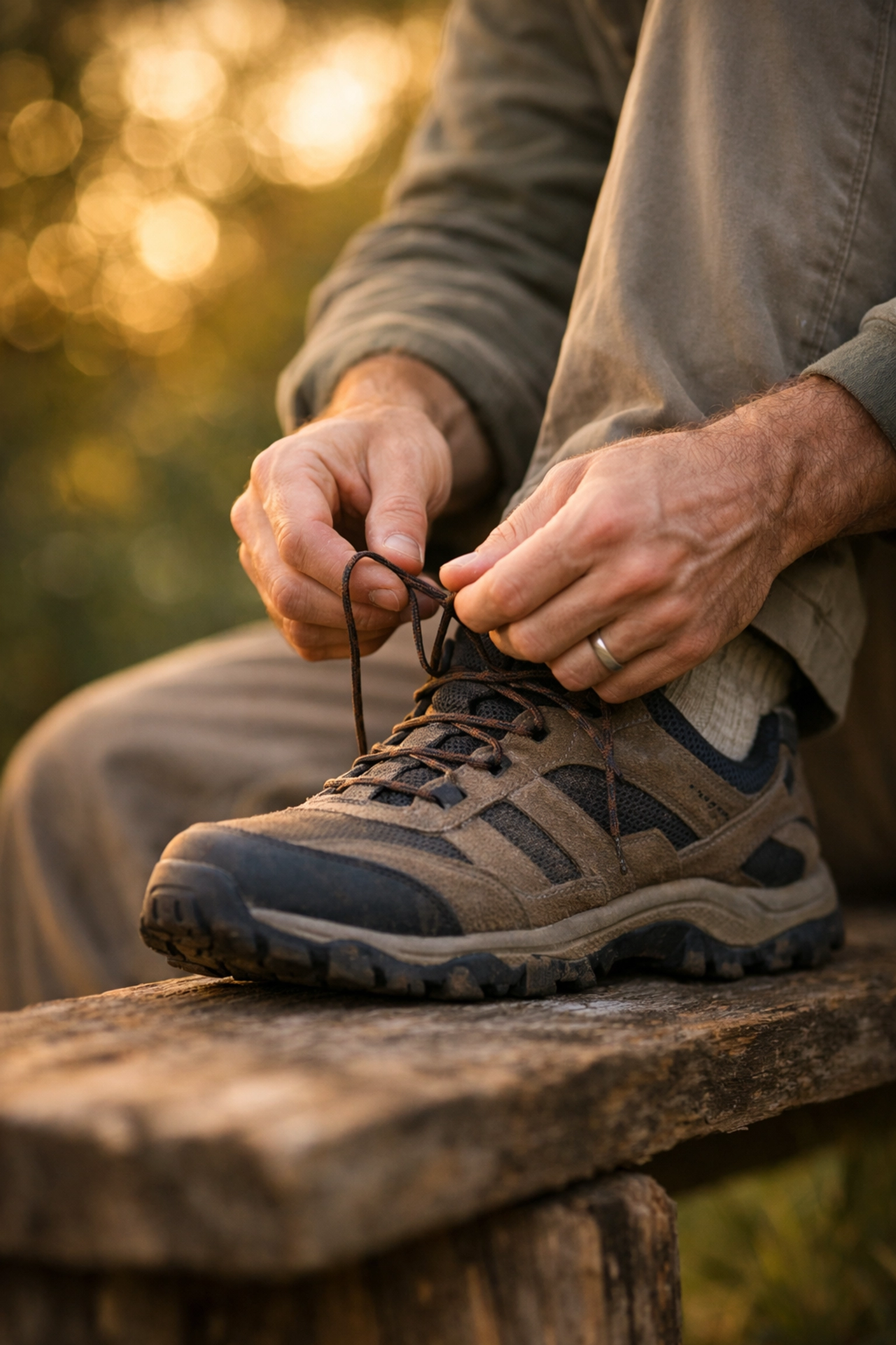 Cipőjét kötő férfi a szabadban, a rendszeres mozgás hatása a merevedés minőségére.