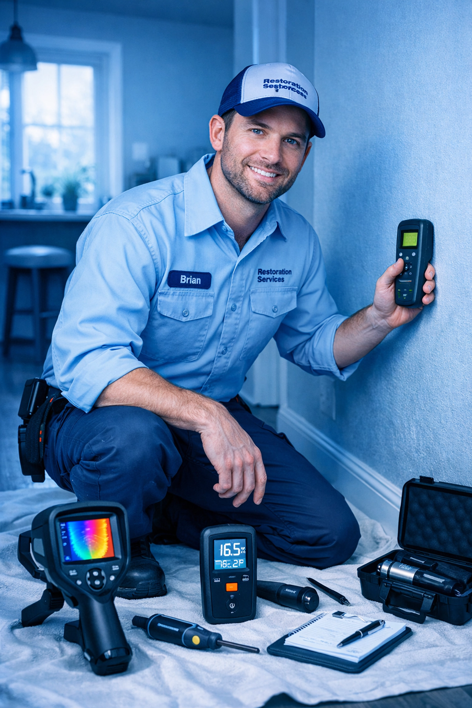 Mastertech restoration technician using professional mold inspection equipment and technology