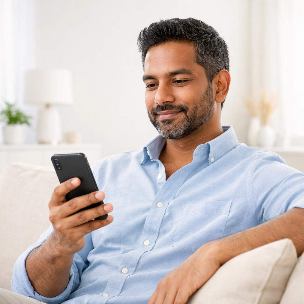 A man using his phone to find a Wegovy replacement and evaluate medical weight loss eligibility.