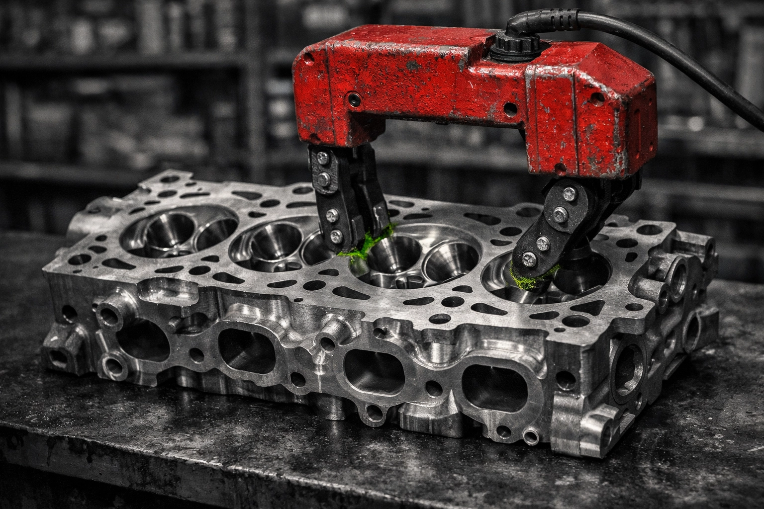 Performance engine builder inspecting a racing cylinder head for cracks using a magnetic yoke for safety.