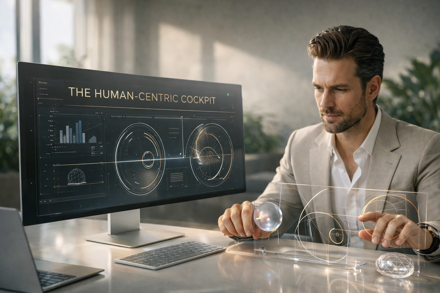 A professional using a custom dashboard UI to monitor and control autonomous AI agents.
