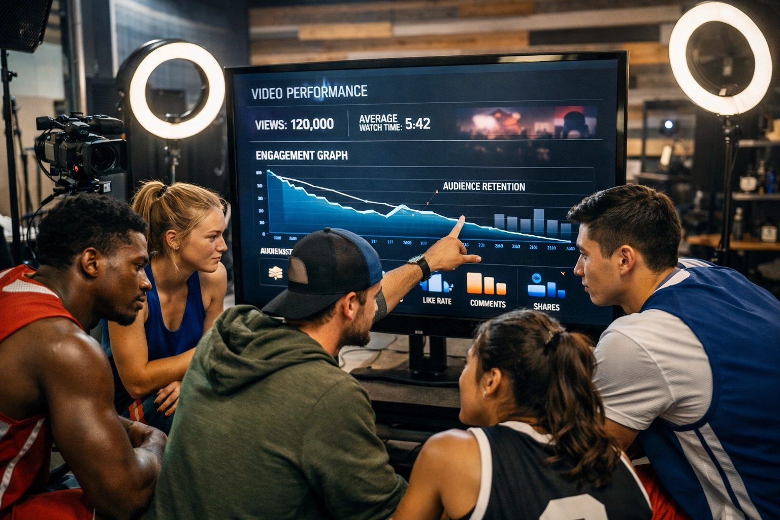 College athletes reviewing NIL video content analytics and engagement metrics