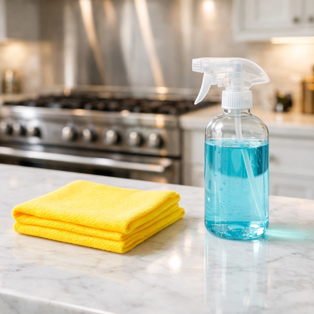 Eco-friendly move-out cleaning Worcester supplies on a spotless marble kitchen island in a luxury home.