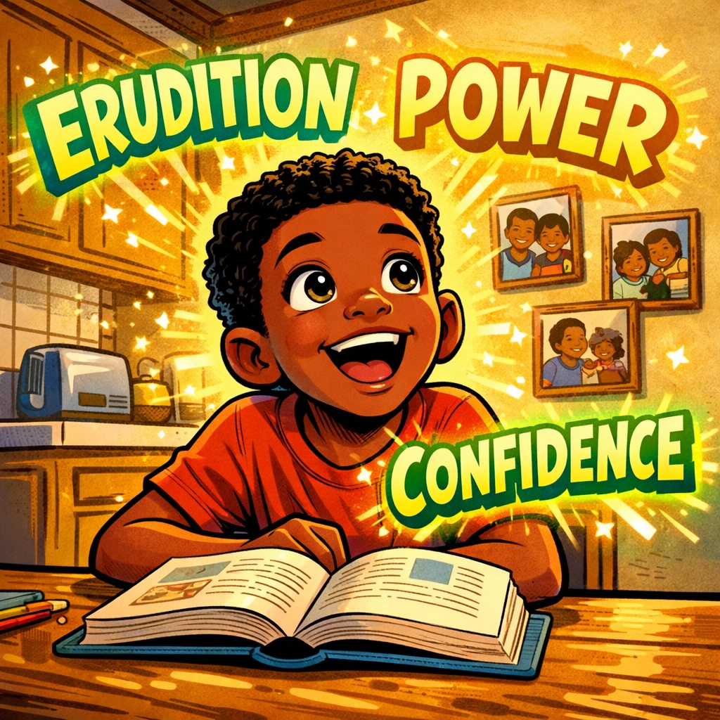 Young Black boy reading at home with academic vocabulary words floating around him