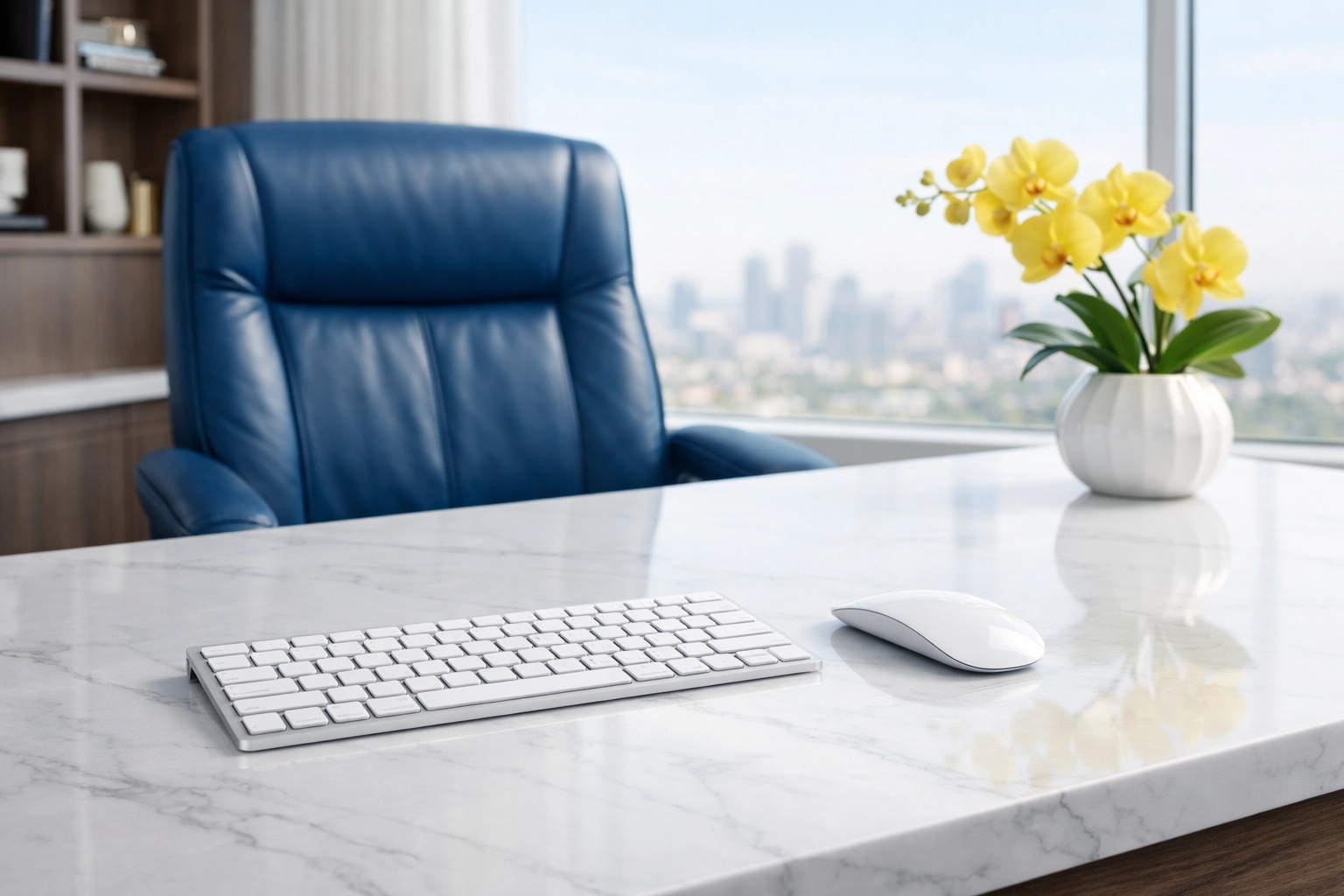 A pristine, hygienic home office desk featuring a perfectly clean keyboard and organized workspace.