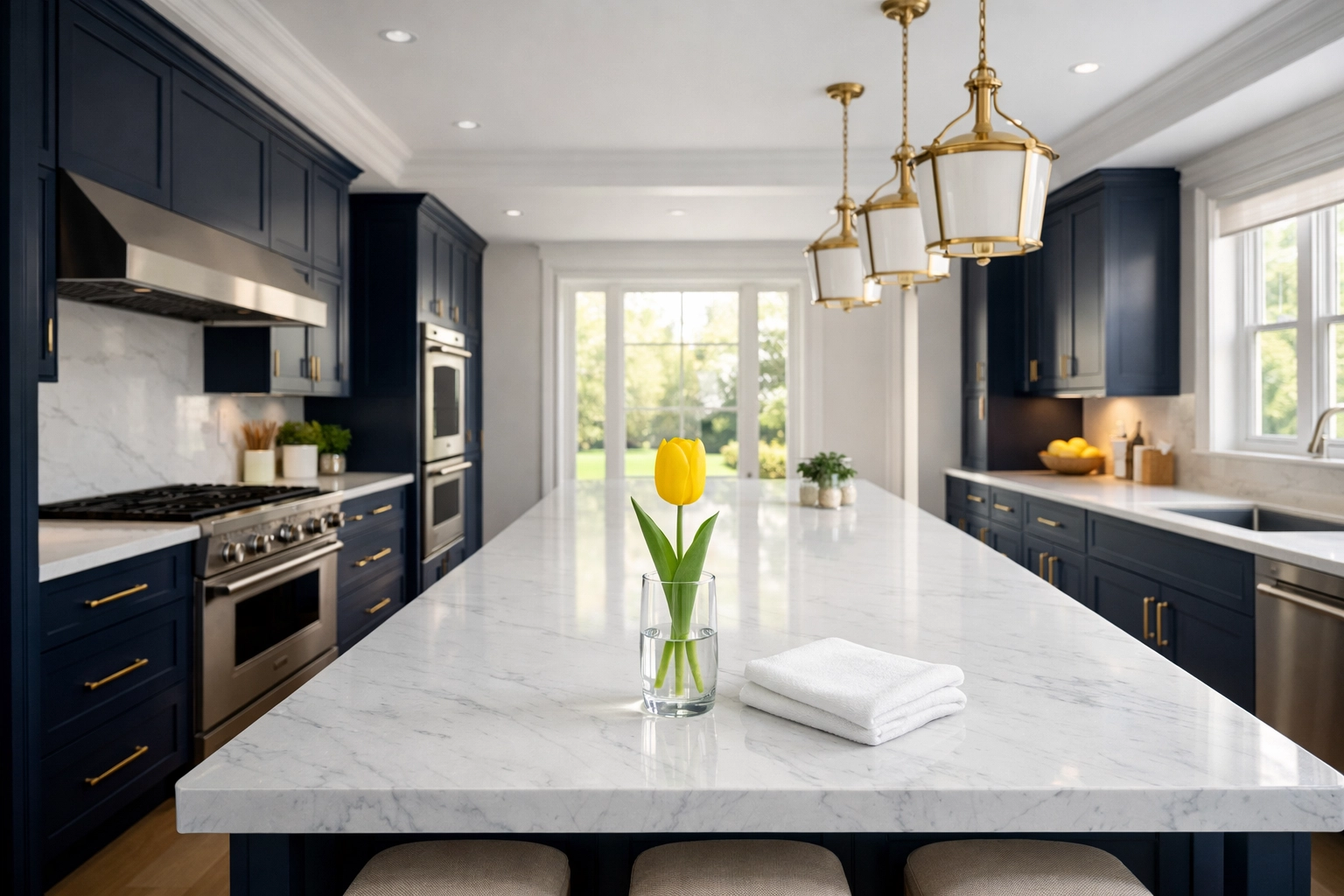 Pristine Wellesley kitchen showing professional house cleaning services with marble countertops.