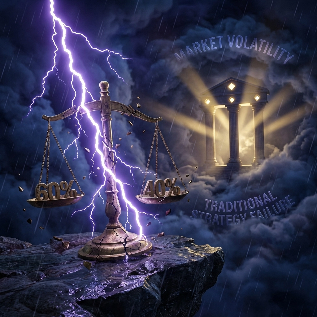 Illustration of market volatility with a breaking balanced scale symbolizing 60/40 portfolio weakness during economic turmoil.