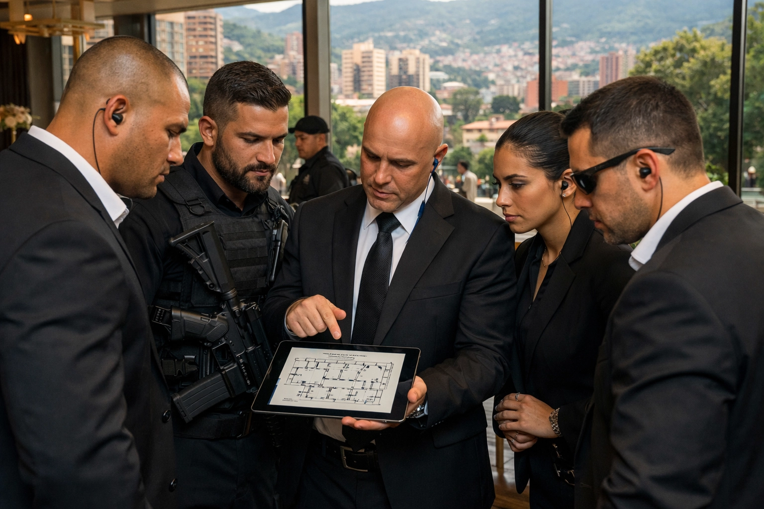 Professional event security team planning protection details at Medellin venue