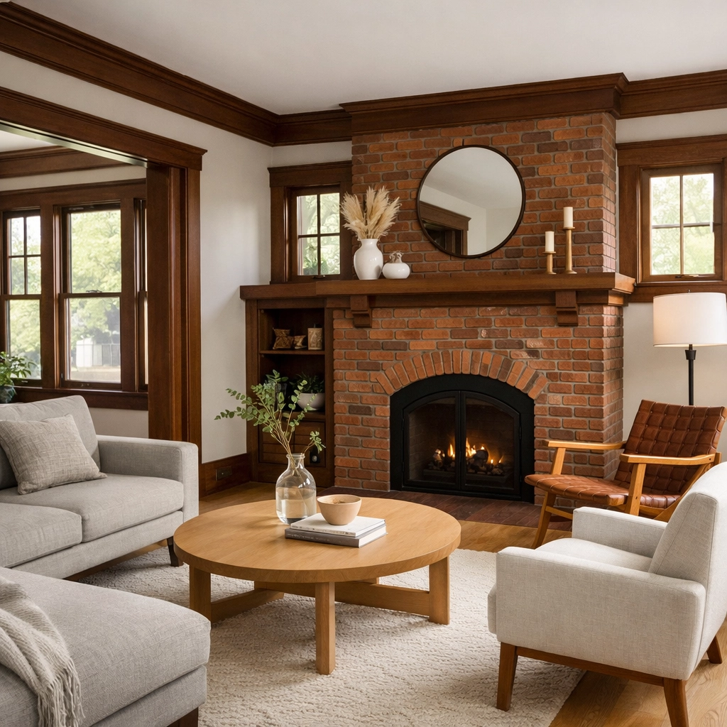 Interior view of a beautifully renovated historic Detroit bungalow with modern furniture and original wood trim.