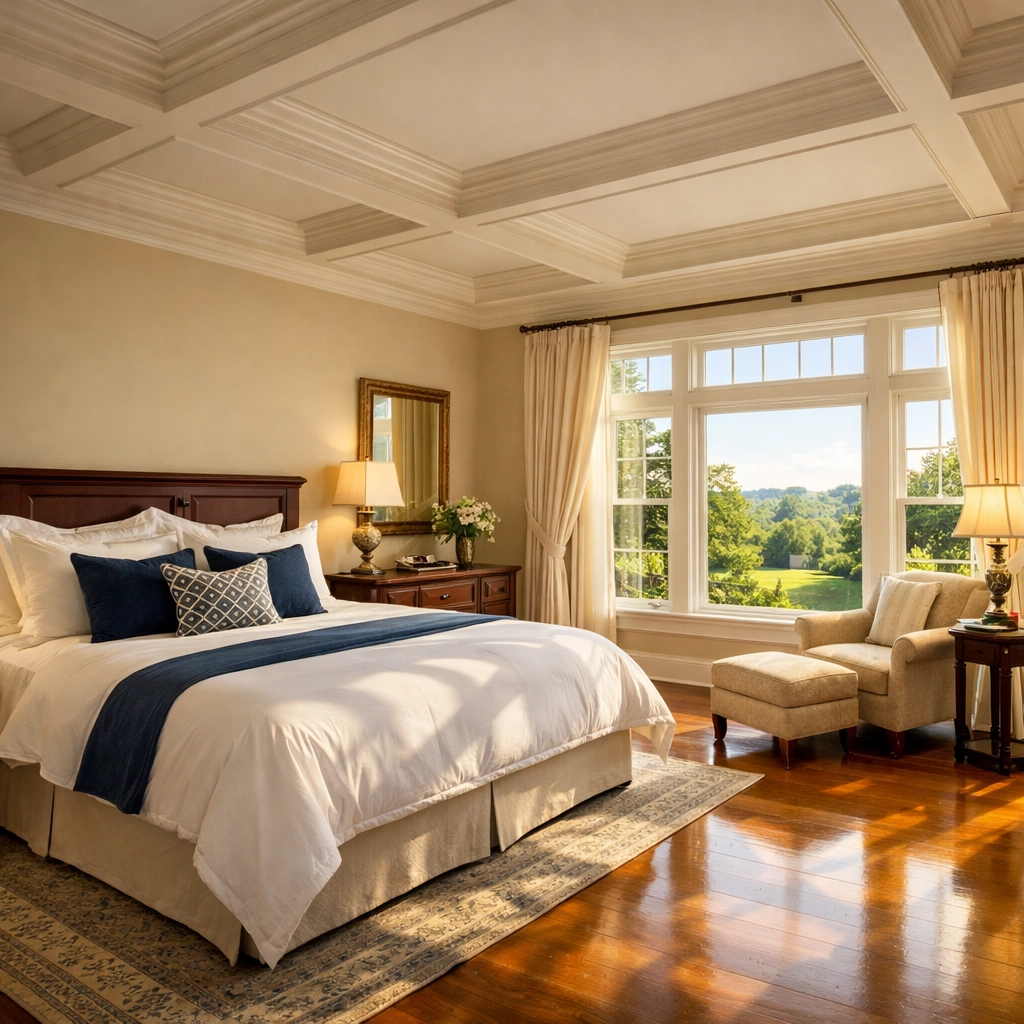 Meticulously clean luxury guest suite in a Groton estate, highlighting high-end residential maintenance.