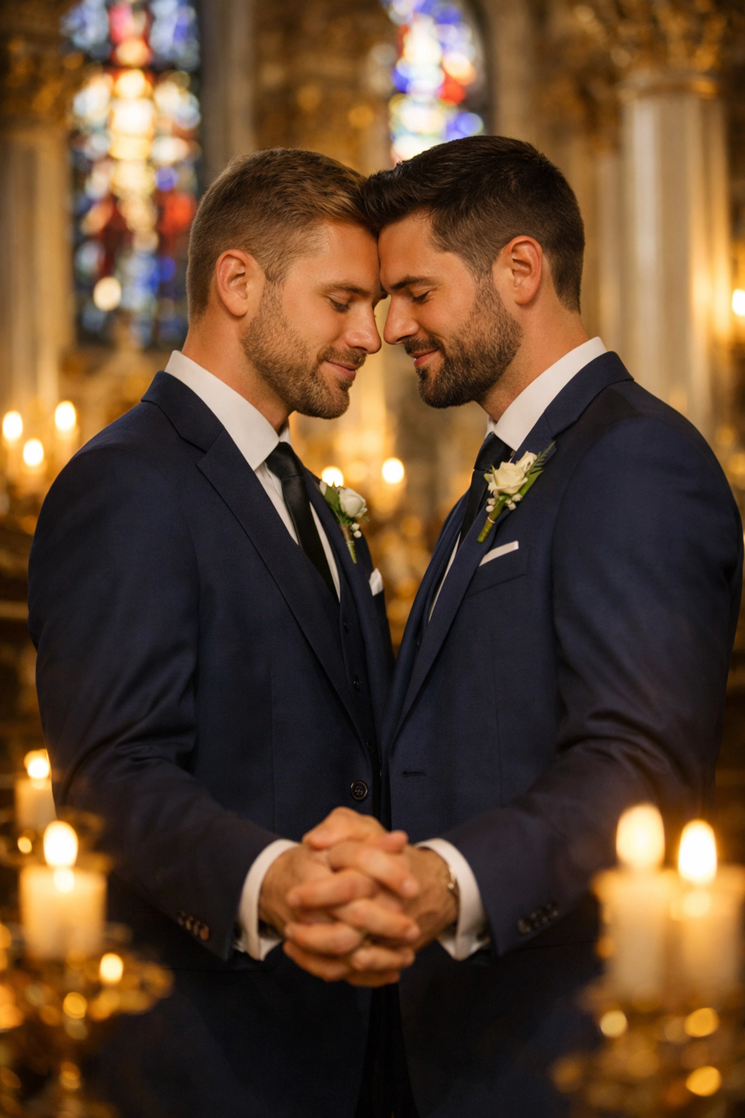 Two grooms in navy suits inside Stockholm's Lutheran cathedral before their same-sex wedding ceremony