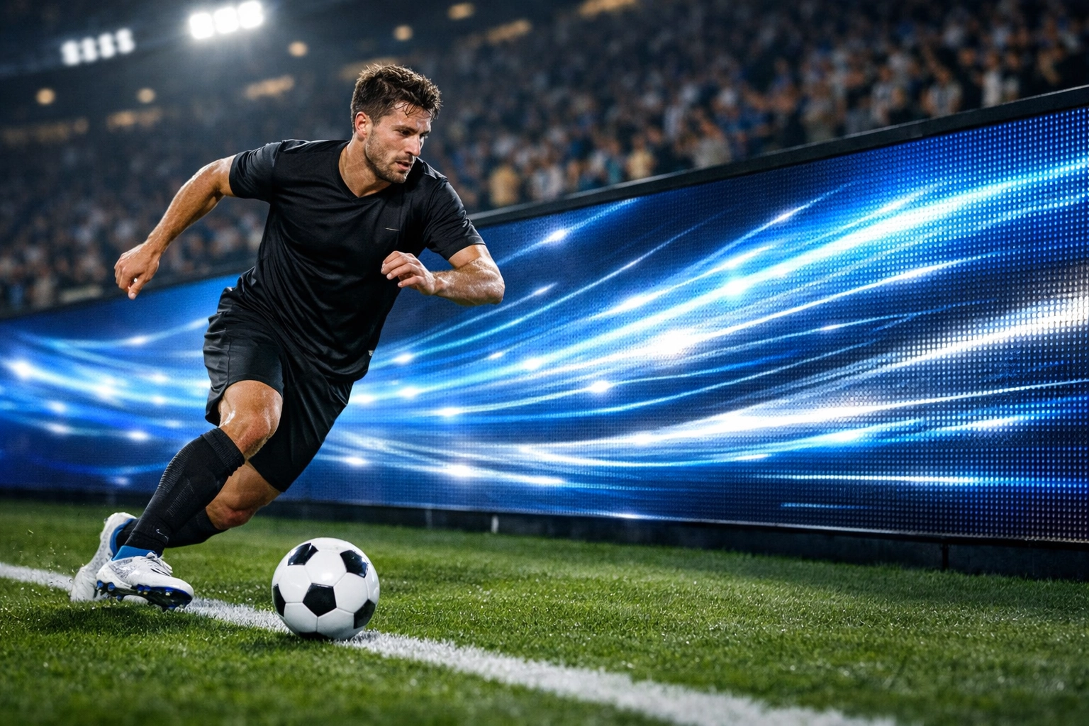 Dynamic LED stadium boards displaying synchronized marketing content during an active sports event.