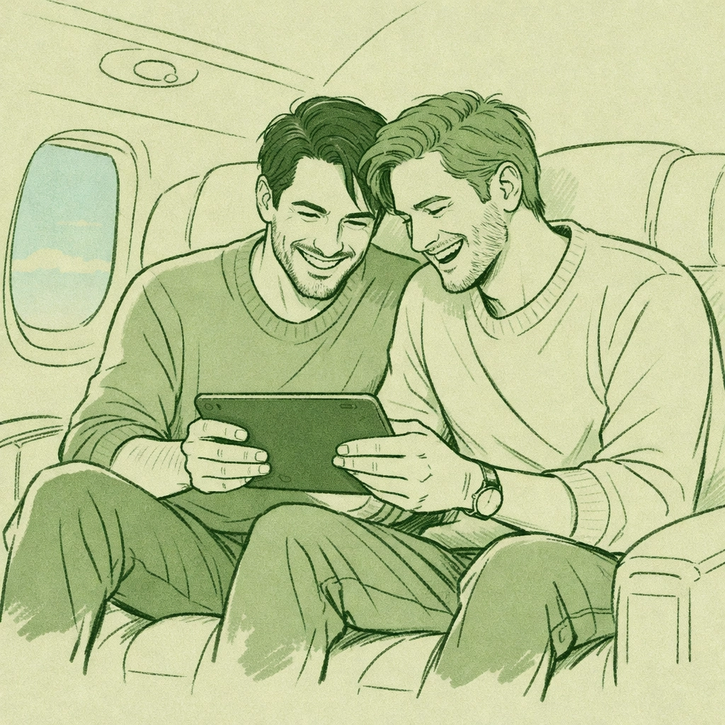 Two men sharing intimate moment on private jet during press tour - MM romance with emotional depth