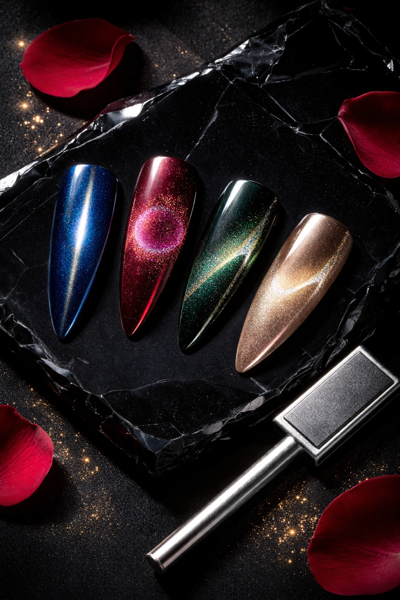 Flat-lay showing four cat-eye nail pattern variations using Japanese gel techniques, in jewel tones on display.
